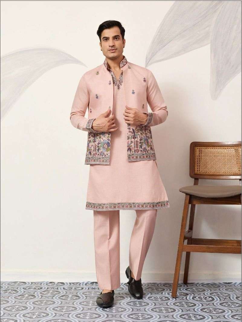 DESIGNER PARTY WEAR READYMADE INDIAN MENS PEACH VISCOSE SILK KOTI KURTA KF 61652