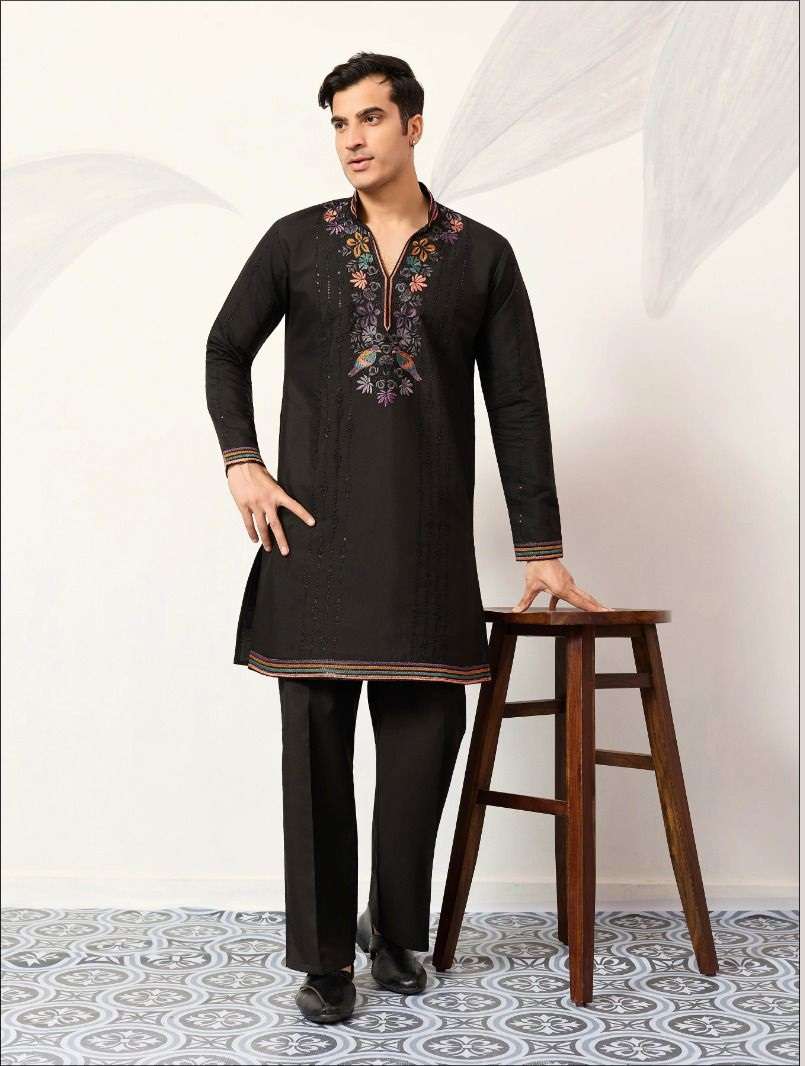 DESIGNER PARTY WEAR READYMADE INDIAN MENS VISCOSE SILK BLACK KURTA WITH THREAD SEQUENCE WORK KF 61631