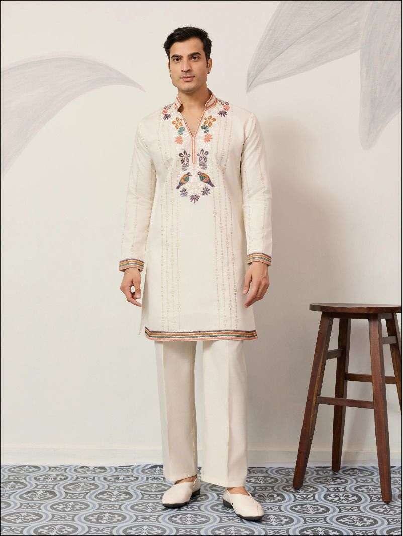 DESIGNER PARTY WEAR READYMADE INDIAN MENS VISCOSE SILK WHITE KURTA WITH THREAD SEQUENCE WORK KF 61632