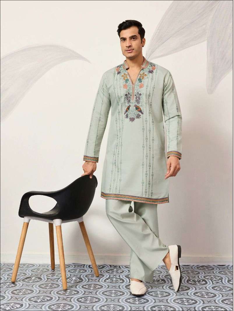 DESIGNER PARTY WEAR READYMADE INDIAN MENS VISCOSE SILK PISTA KURTA WITH THREAD SEQUENCE WORK KF 61633
