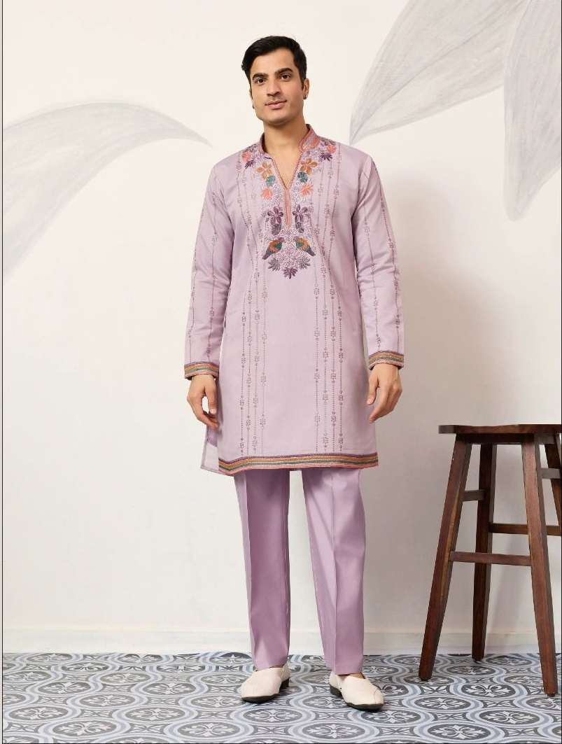 DESIGNER PARTY WEAR READYMADE INDIAN MENS VISCOSE SILK LAVENDER KURTA WITH THREAD SEQUENCE WORK KF 61634