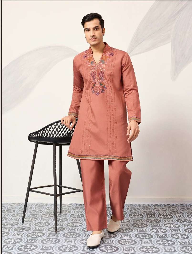 DESIGNER PARTY WEAR READYMADE INDIAN MENS VISCOSE SILK KORANGE OTI KURTA WITH THREAD SEQUENCE WORK KF 61635