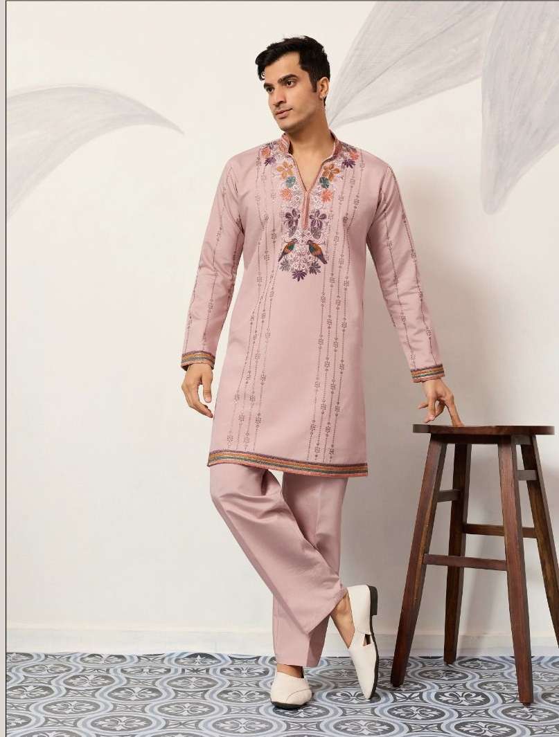 DESIGNER PARTY WEAR READYMADE INDIAN MENS VISCOSE SILK PINK KURTA WITH THREAD SEQUENCE WORK KF 61636