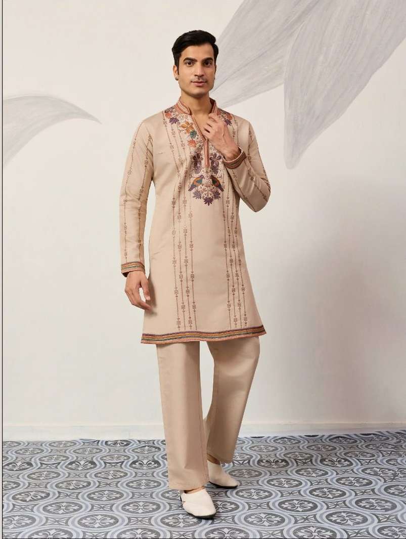 DESIGNER PARTY WEAR READYMADE INDIAN MENS VISCOSE SILK BEIGE KURTA WITH THREAD SEQUENCE WORK KF 61637
