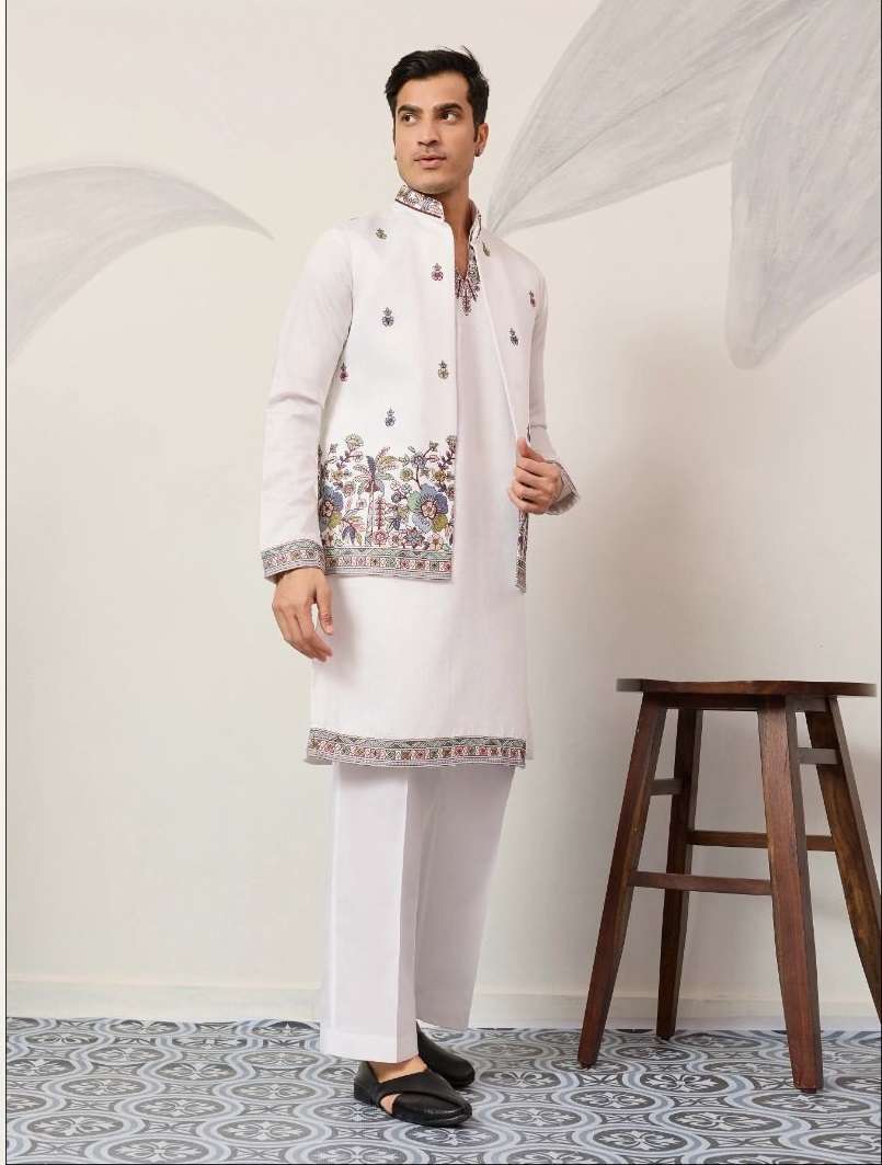 DESIGNER PARTY WEAR READYMADE INDIAN MENS WHITE VISCOSE SILK KOTI KURTA KF 61655