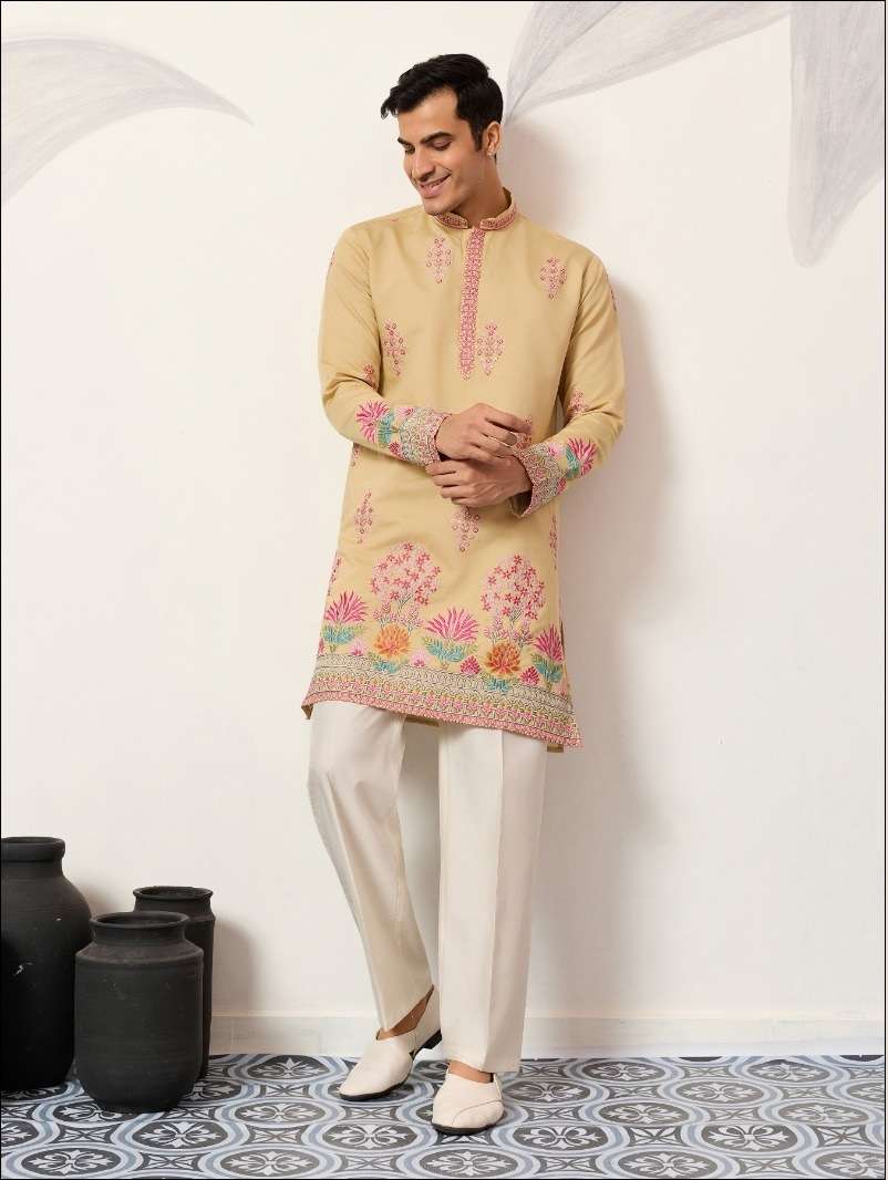 DESIGNER PARTY WEAR READYMADE MENS BEIGE SILK KURTA WITH THREAD SEQUENCE WORK KF 61648