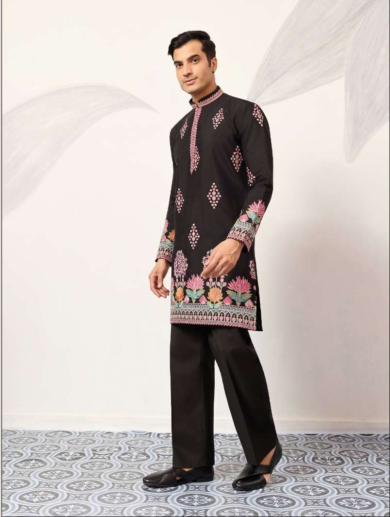 DESIGNER PARTY WEAR READYMADE MENS BLACK SILK KURTA WITH THREAD SEQUENCE WORK KF 61644
