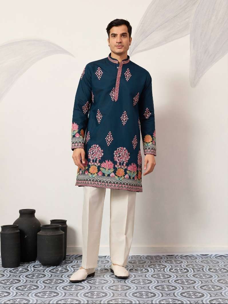 DESIGNER PARTY WEAR READYMADE MENS BLUE SILK KURTA WITH THREAD SEQUENCE WORK KF 61642