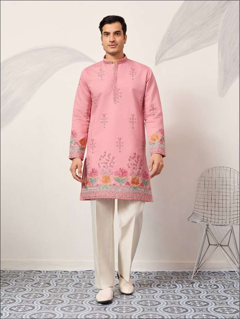 DESIGNER PARTY WEAR READYMADE MENS PINK SILK KURTA WITH THREAD SEQUENCE WORK KF 61641