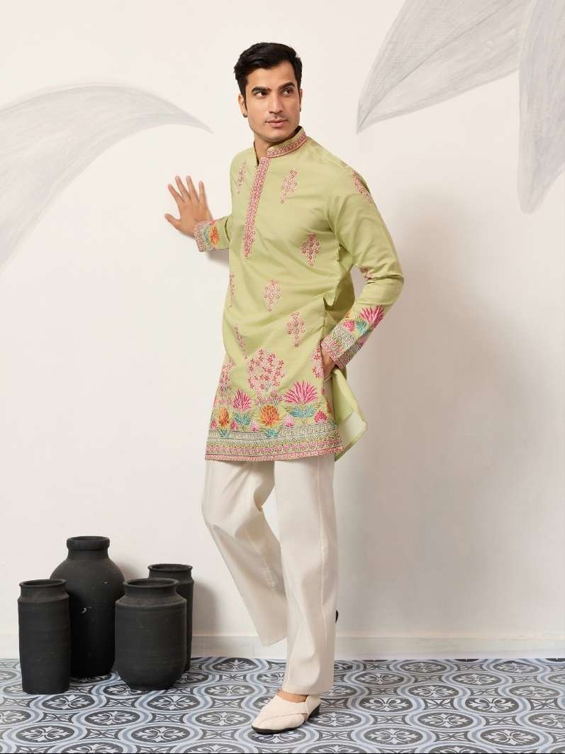 DESIGNER PARTY WEAR READYMADE MENS PISTA GREEN SILK KURTA WITH THREAD SEQUENCE WORK KF 61645