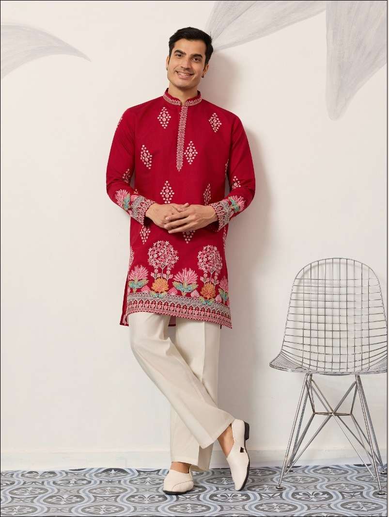 DESIGNER PARTY WEAR READYMADE MENS RED SILK KURTA WITH THREAD SEQUENCE WORK KF 61643
