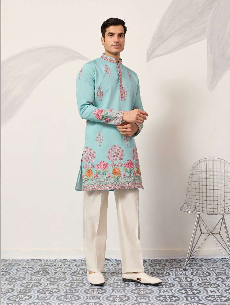 DESIGNER PARTY WEAR READYMADE MENS SKY BLUE SILK KURTA WITH THREAD SEQUENCE WORK KF 61646