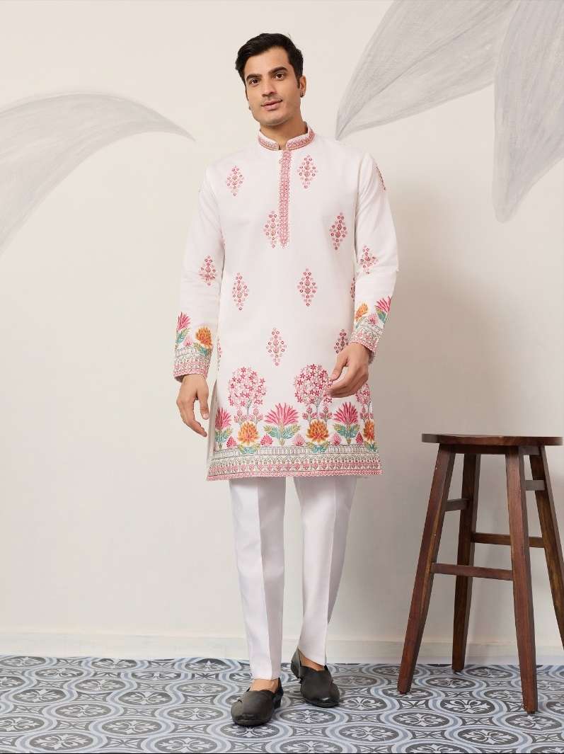 DESIGNER PARTY WEAR READYMADE MENS WHITE SILK KURTA WITH THREAD SEQUENCE WORK KF 61647