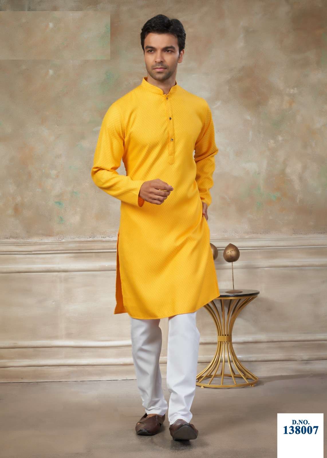 DESIGNER PARTY WEAR YELLOW READYMADE MENS COTTON KURTA TT 138007