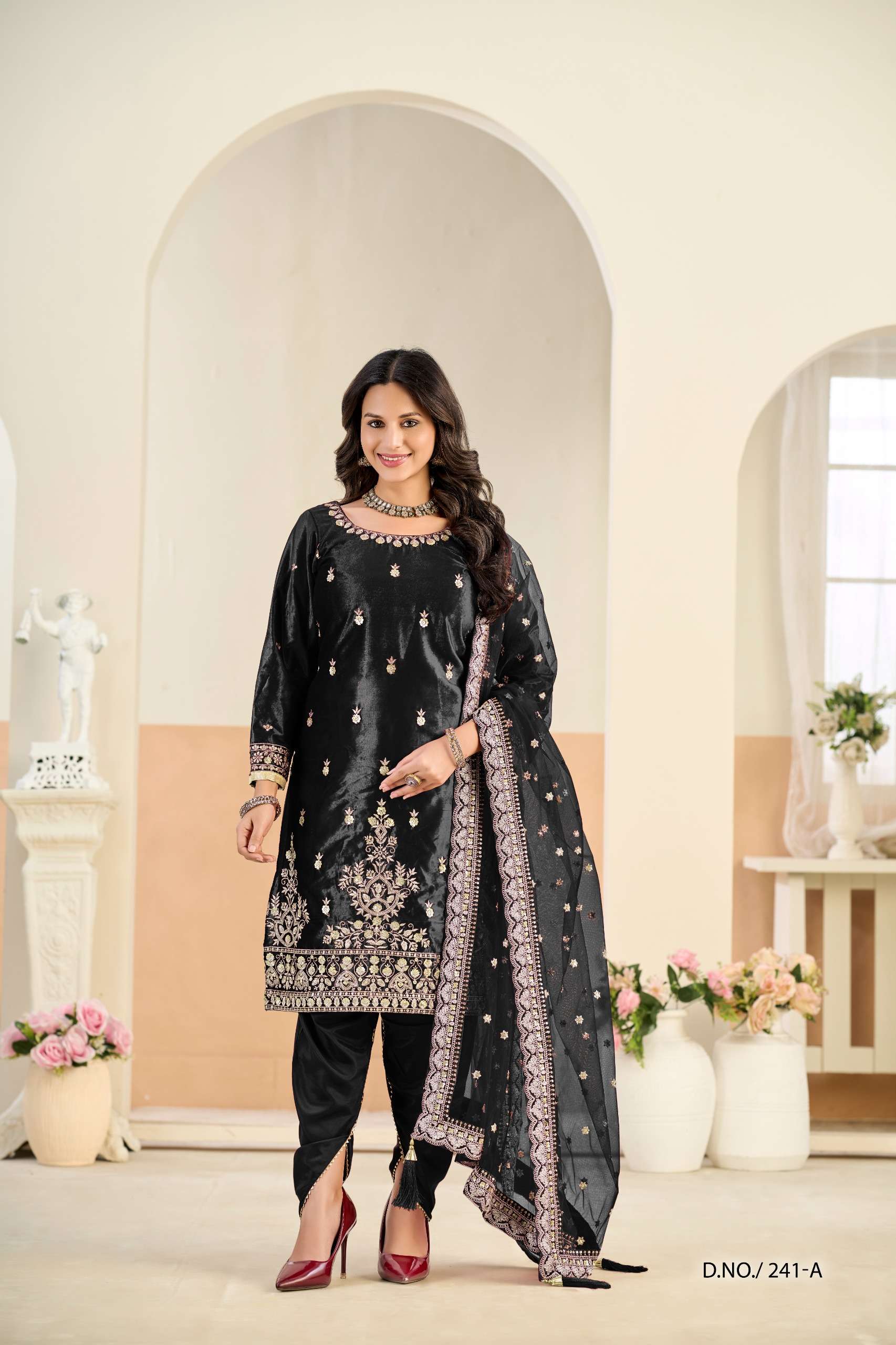DESIGNER WEDDING PARTY WEAR BLACK VELVET PATIYALA SALWAR SUIT ANY 241 A