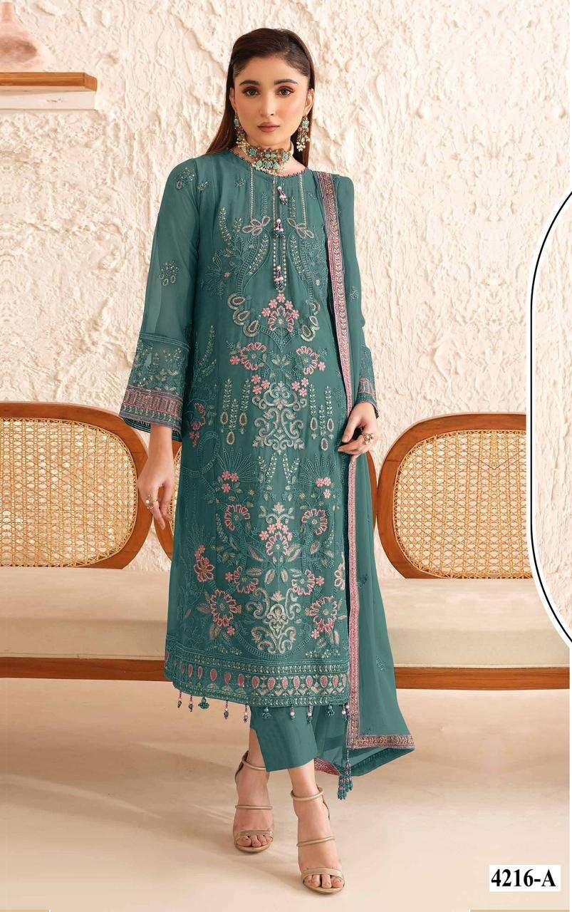 DESIGNER WEDDING PARTY WEAR FAUX GEORGETTE BLUE STRAIGHT PAKISTANI SALWAR SUIT JG 4216 A