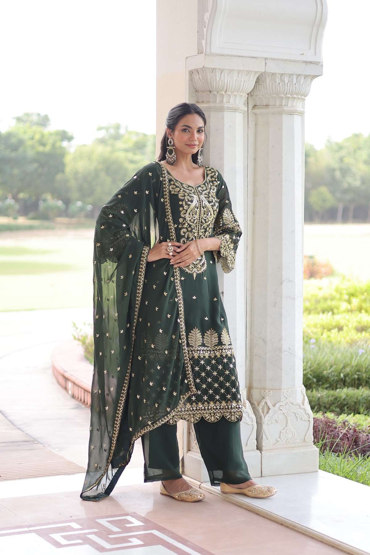 DESIGNER WEDDING PARTY WEAR FAUX GEORGETTE GREEN STRAIGHT PUNJABI SALWAR SUIT KU 1219 B