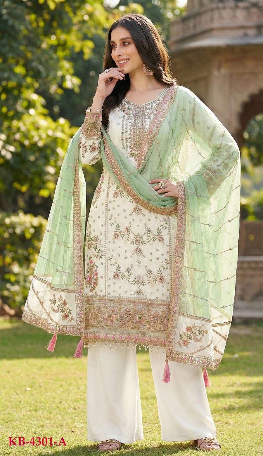 DESIGNER WEDDING PARTY WEAR FAUX GEORGETTE WHITE STRAIGHT SALWAR SUIT KB 4301 A