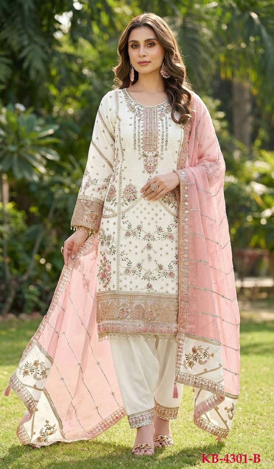 DESIGNER WEDDING PARTY WEAR FAUX GEORGETTE WHITE STRAIGHT SALWAR SUIT KB 4301 B