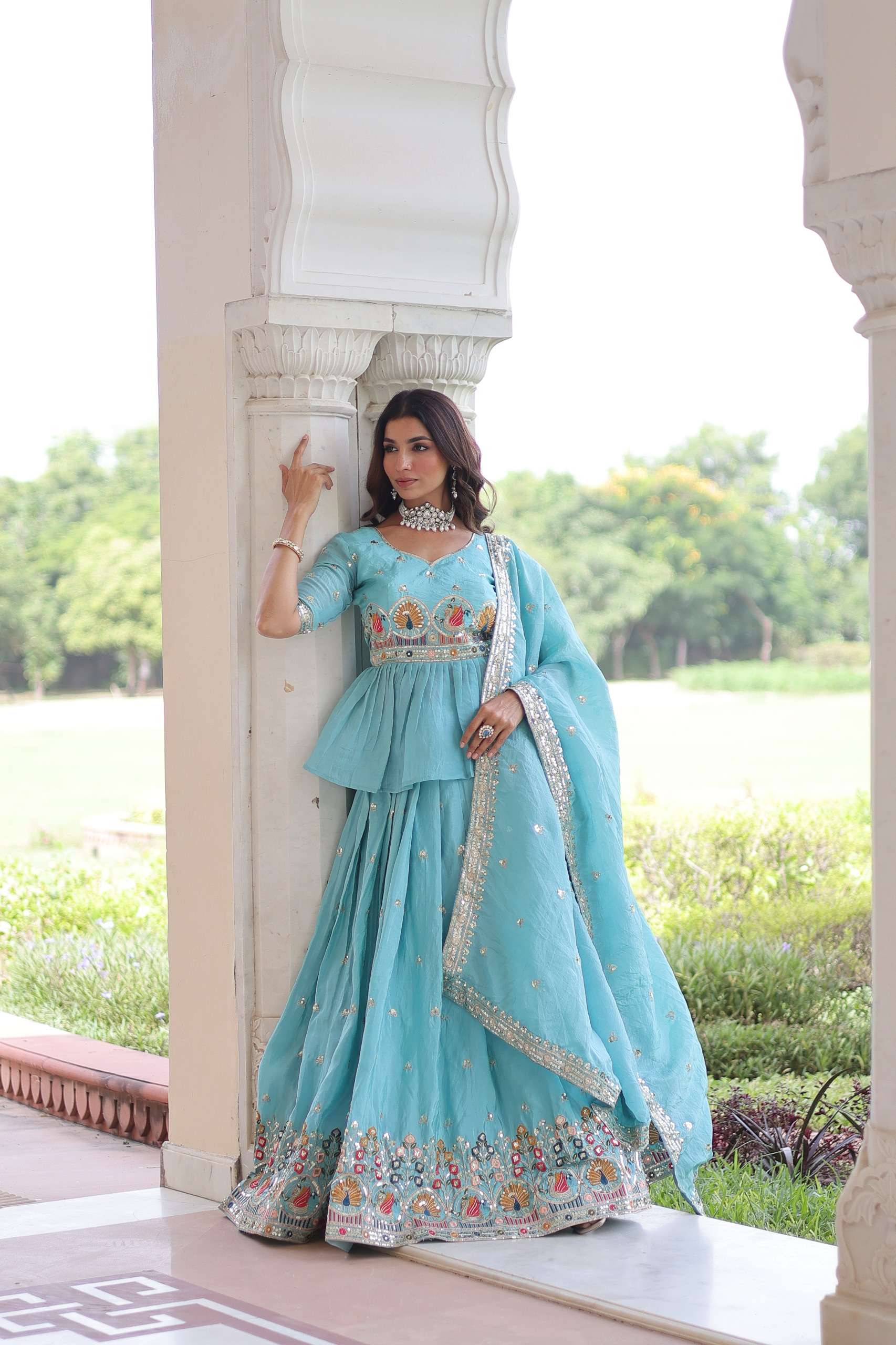DESIGNER WEDDING PARTY WEAR GOLD CRUSH SKY BLUE KOTI LONG SKIRT STYLE SALWAR SUIT KU 5058