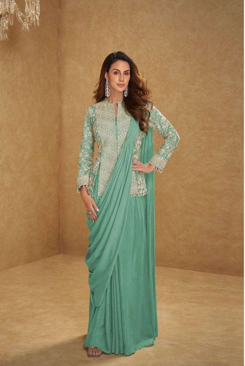 DESIGNER WEDDING PARTY WEAR PURE CHINON SILK BLUE GREEN LONG BLOUSE SKIRT STYLE SALWAR SUIT GL MIRZA 7627 B