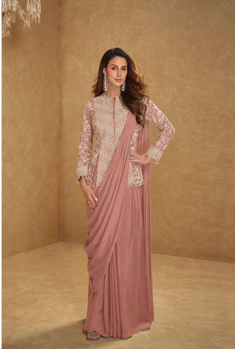 DESIGNER WEDDING PARTY WEAR PURE CHINON SILK PEACH LONG BLOUSE SKIRT STYLE SALWAR SUIT GL MIRZA 7627 A