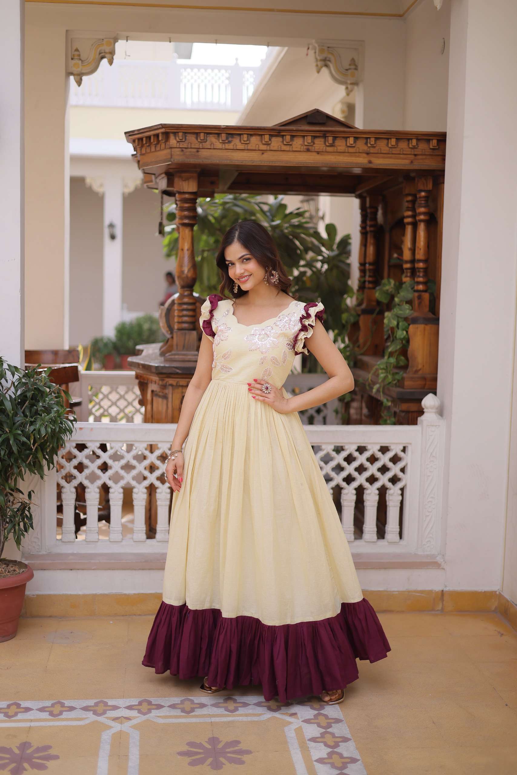 DESIGNER WEDDING PARTY WEAR READYMADE BEIGE COTTON ANARKALI GOWN SALWAR SUIT KU 1234 B