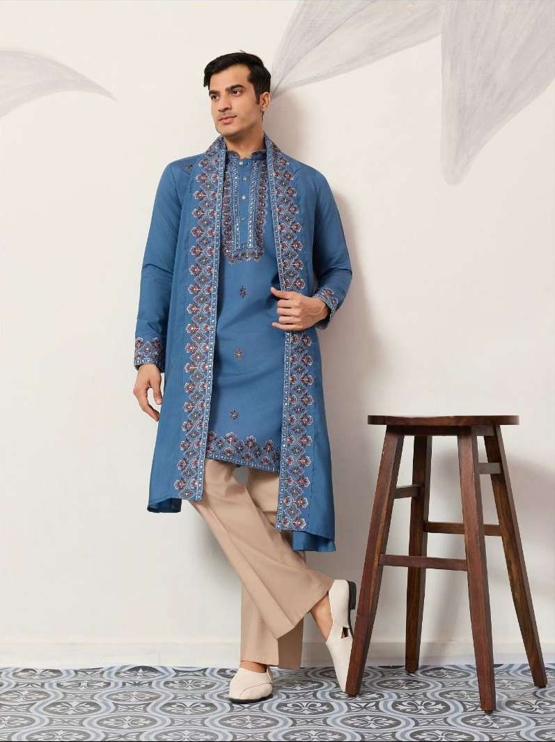 DESIGNER WEDDING PARTY WEAR READYMADE INDIAN MENS BLUE VISCOSE SILK KURTA KF 21071