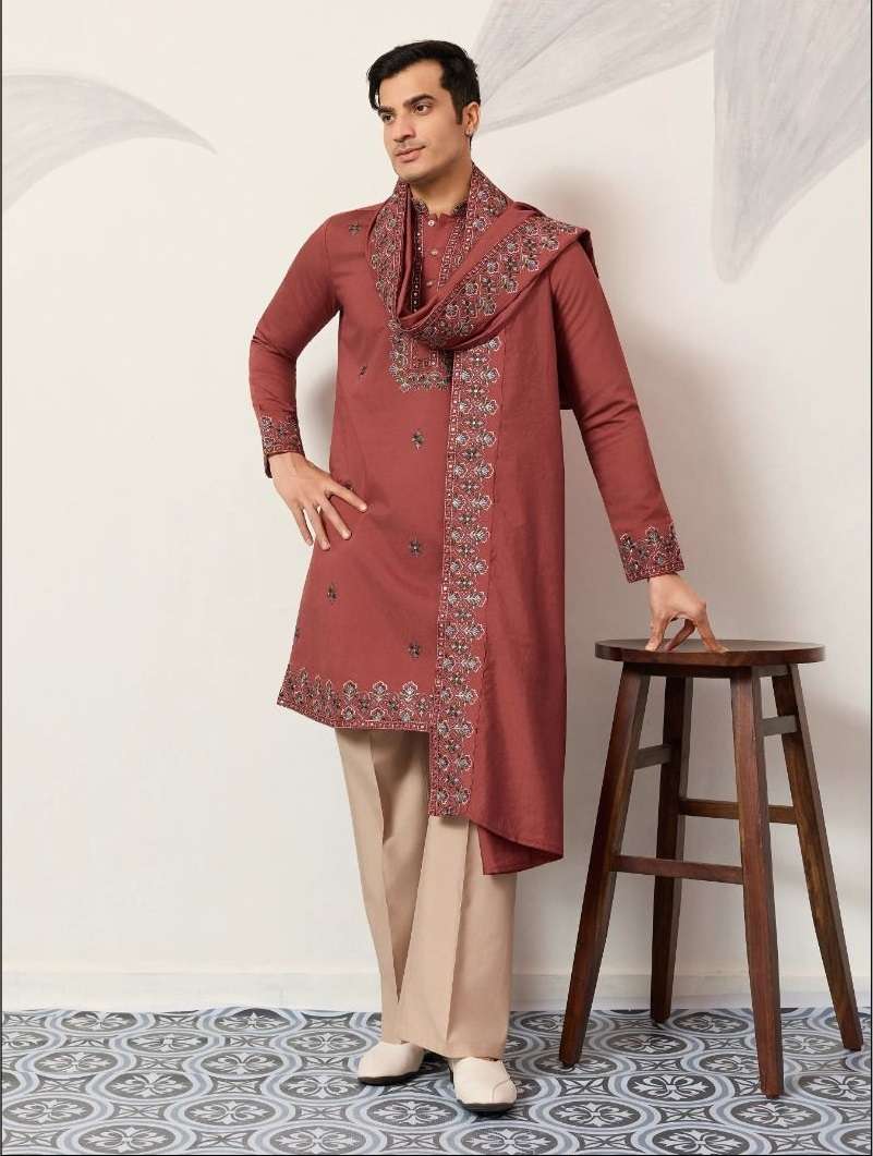 DESIGNER WEDDING PARTY WEAR READYMADE INDIAN MENS ORANGE VISCOSE SILK KURTA KF 21072