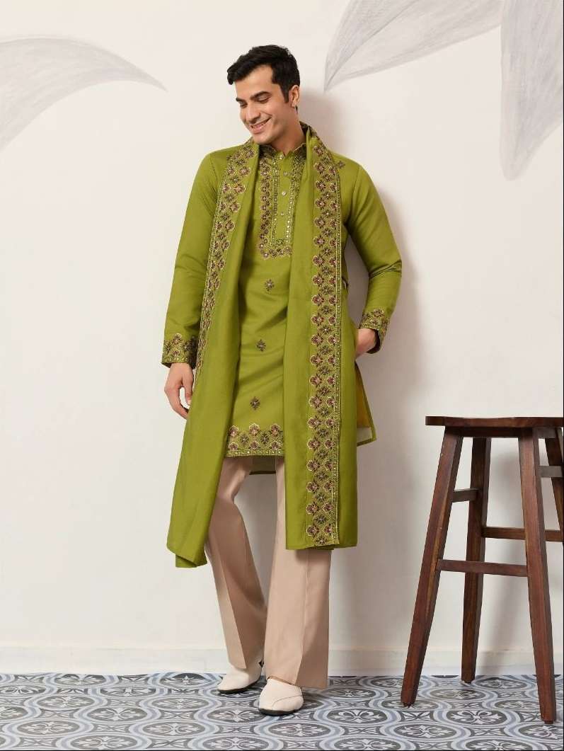 DESIGNER WEDDING PARTY WEAR READYMADE INDIAN MENS GREEN VISCOSE SILK KURTA KF 21073