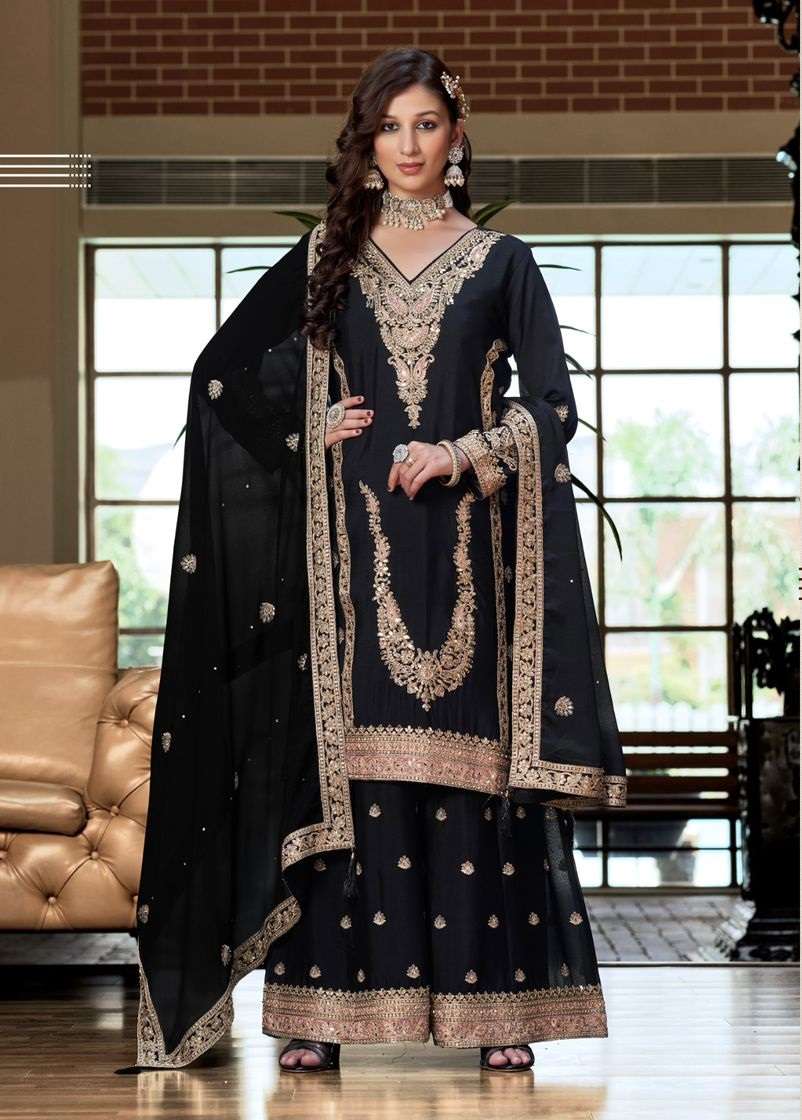 DESIGNER WEDDING PARTY WEAR REAL CHINON BLACK SHARARA SALWAR SUIT NVN SNK KALKI 10008