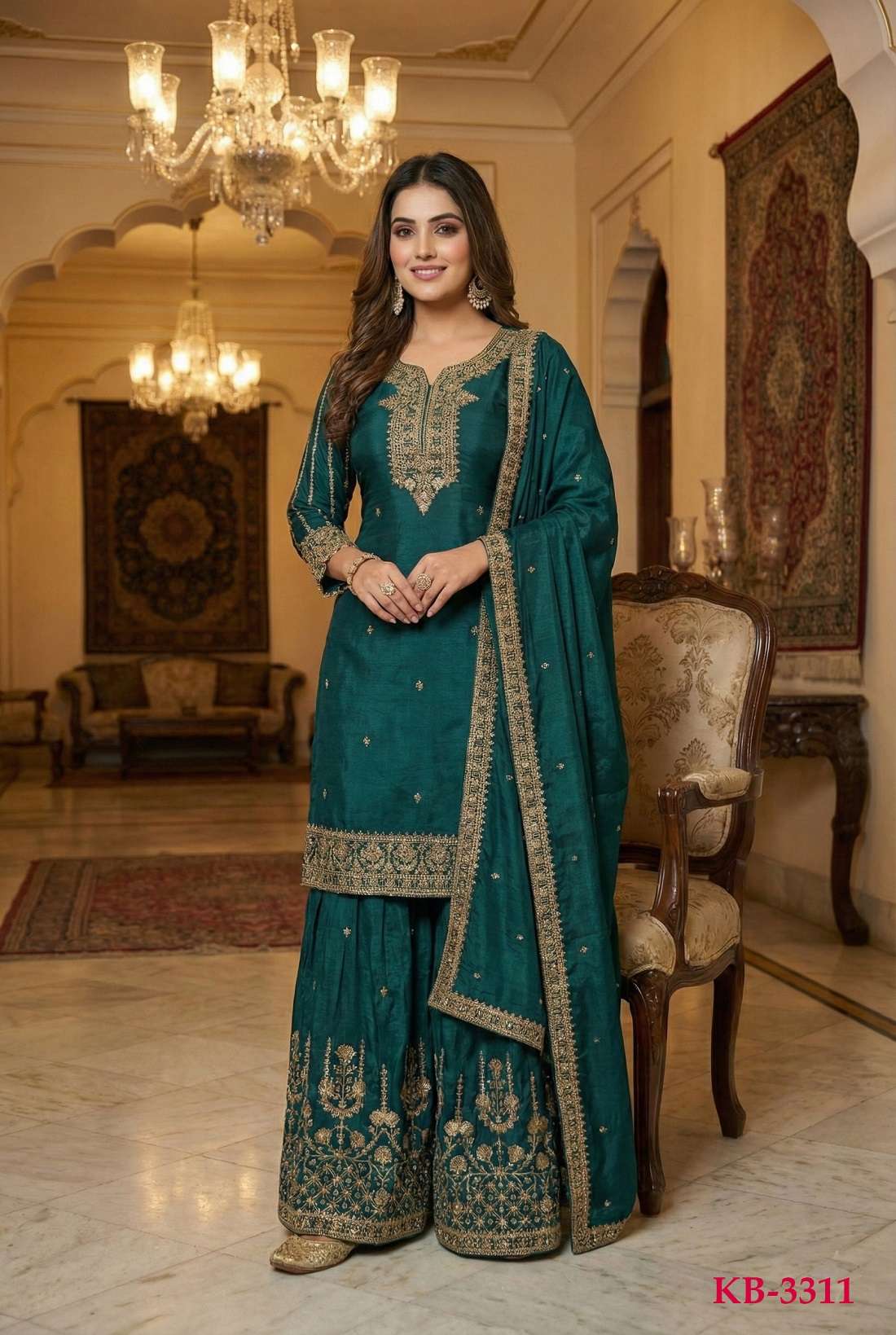 DESIGNER WEDDING PARTY WEAR REAL CHINON GREEN SHARARA SALWAR SUIT KB 3311