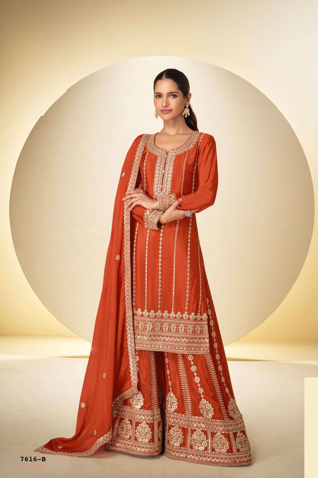 DESIGNER WEDDING PARTY WEAR REAL CHINON ORANGE SHARARA PALLAZO SALWAR SUIT GL JINAYA 7616 B