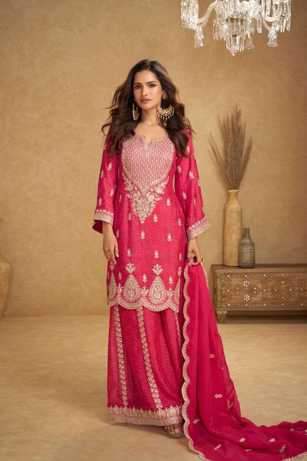 DESIGNER WEDDING PARTY WEAR REAL CHINON PINK SHARARA SALWAR SUIT GL KAREENA 7607