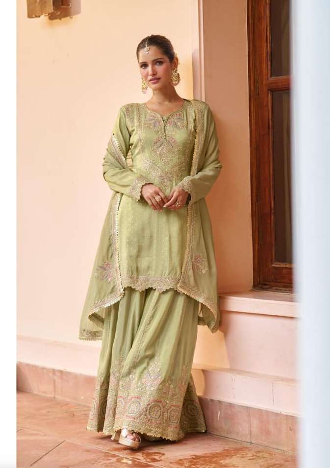 DESIGNER WEDDING PARTY WEAR REAL CHINON PISTA SHARARA SALWAR SUIT SY AMULYA 7655