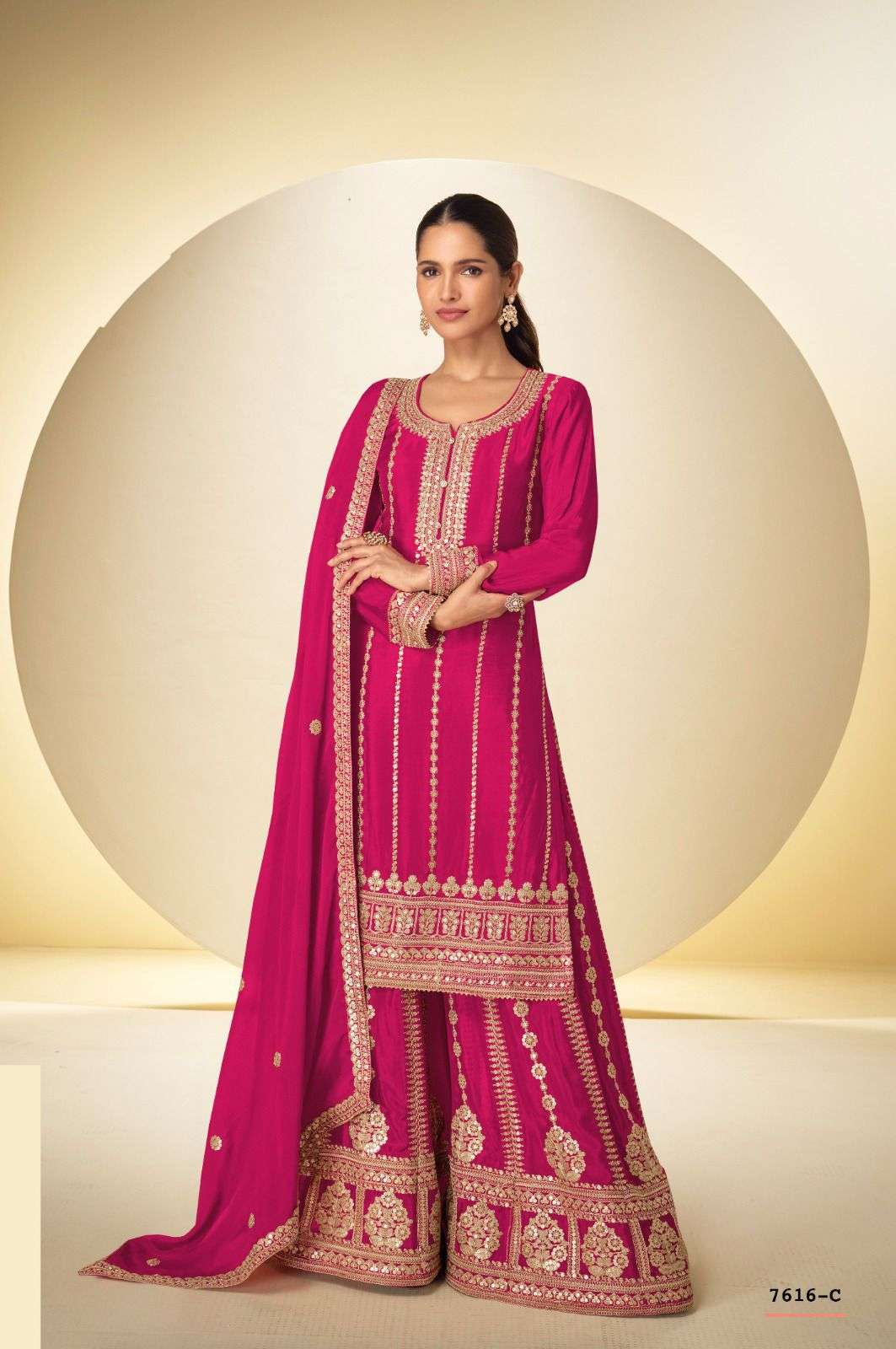 DESIGNER WEDDING PARTY WEAR REAL CHINON RANI PINK SHARARA PALLAZO SALWAR SUIT GL JINAYA 7616 C