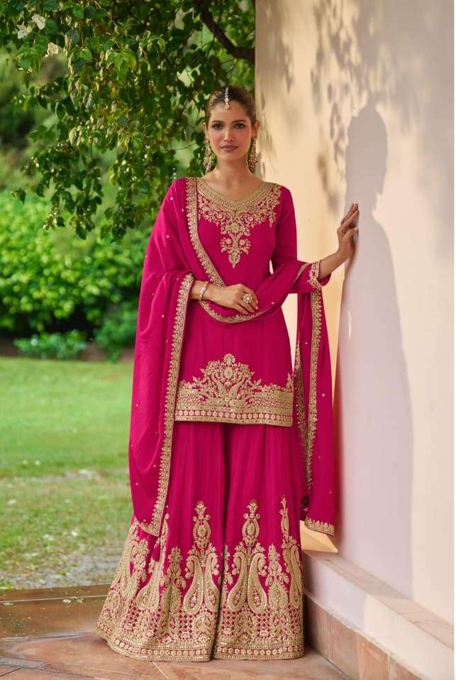 DESIGNER WEDDING PARTY WEAR REAL CHINON RANI PINK SHARARA SALWAR SUIT SY AMULYA 7653