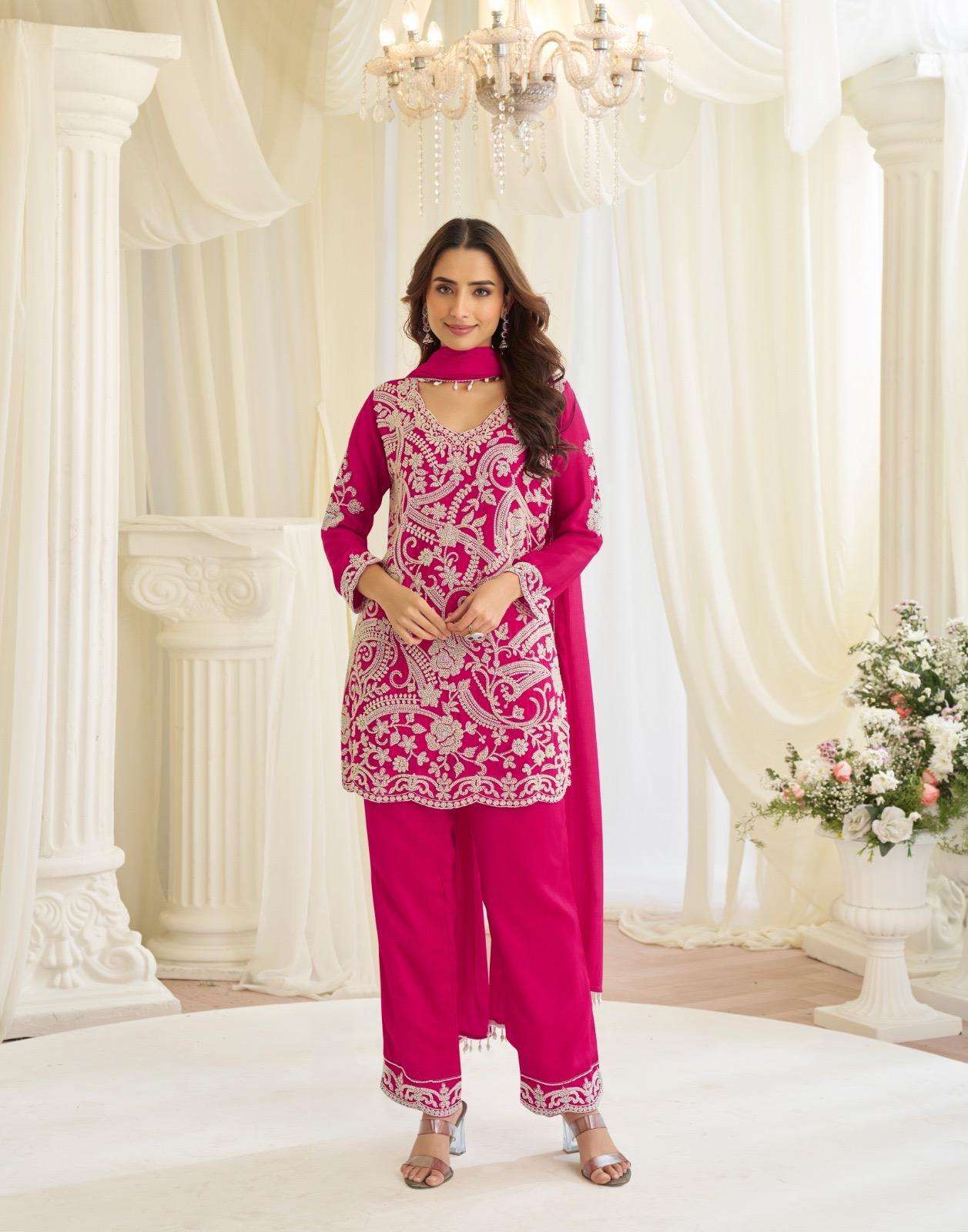 DESIGNER WEDDING PARTY WEAR REAL CHINON READYMADE PINK SALWAR SUIT WITH BEADS MOTI WORK SY HOOR 10232