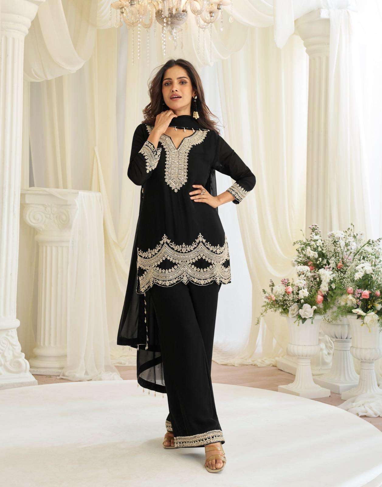 DESIGNER WEDDING PARTY WEAR REAL CHINON READYMADE BLACK SALWAR SUIT WITH BEADS MOTI WORK SY HOOR 10234