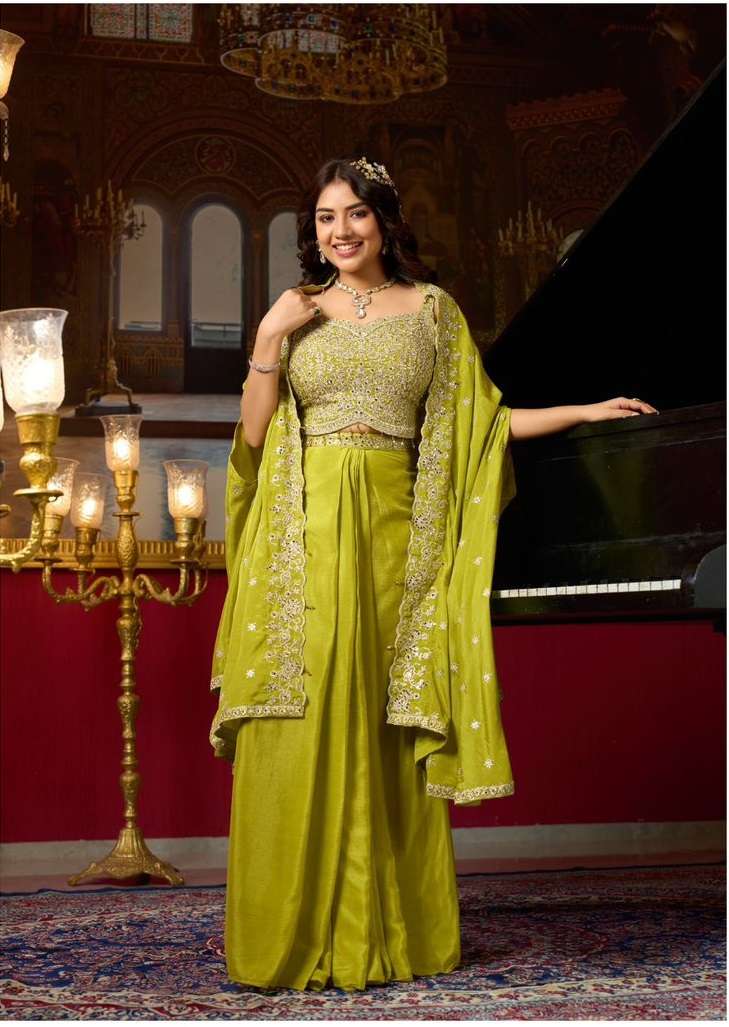 DESIGNER WEDDING PARTY WEAR REAL CHINON SILK GREEN SHRUG BLOUSE SKIRT SALWAR SUIT NVN SARIKA RAAG 1701