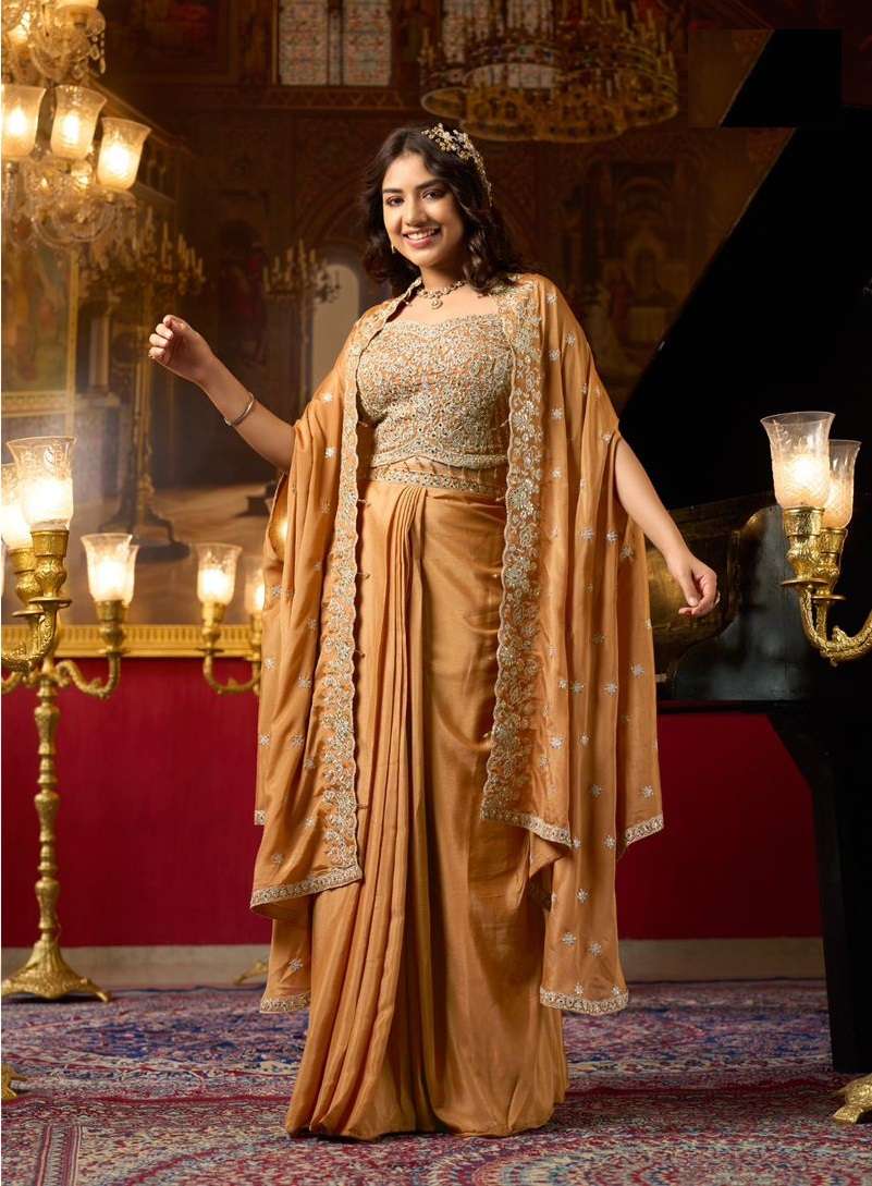 DESIGNER WEDDING PARTY WEAR REAL CHINON SILK ORANGE SHRUG BLOUSE SKIRT SALWAR SUIT NVN SARIKA RAAG 1702