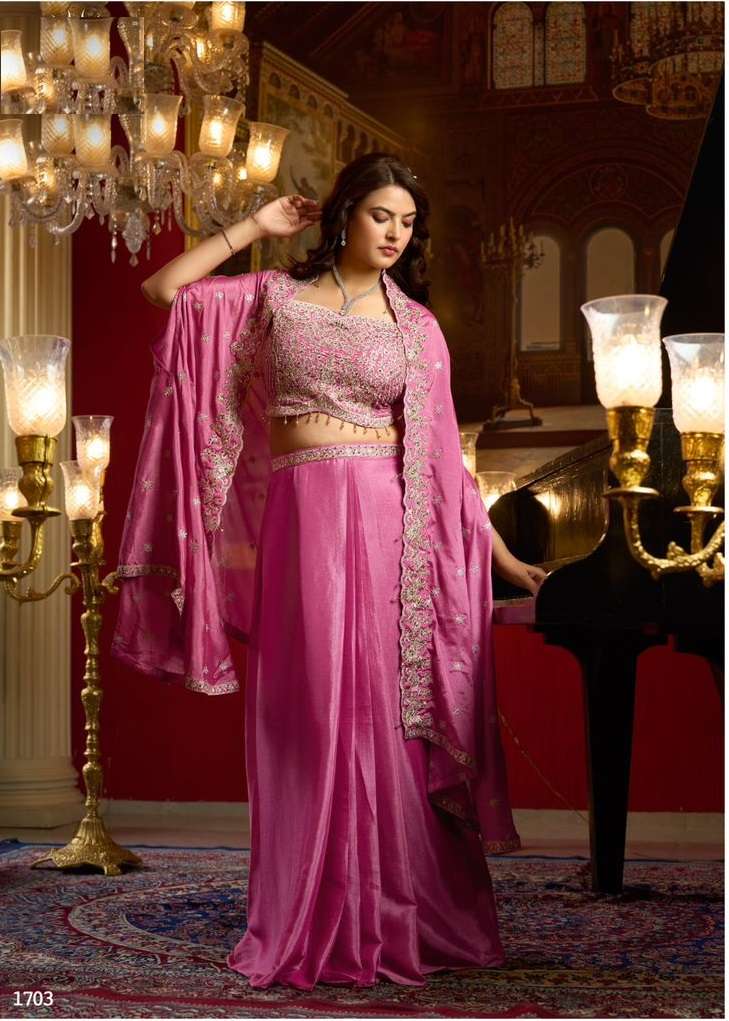 DESIGNER WEDDING PARTY WEAR REAL CHINON SILK PINK SHRUG BLOUSE SKIRT SALWAR SUIT NVN SARIKA RAAG 1703