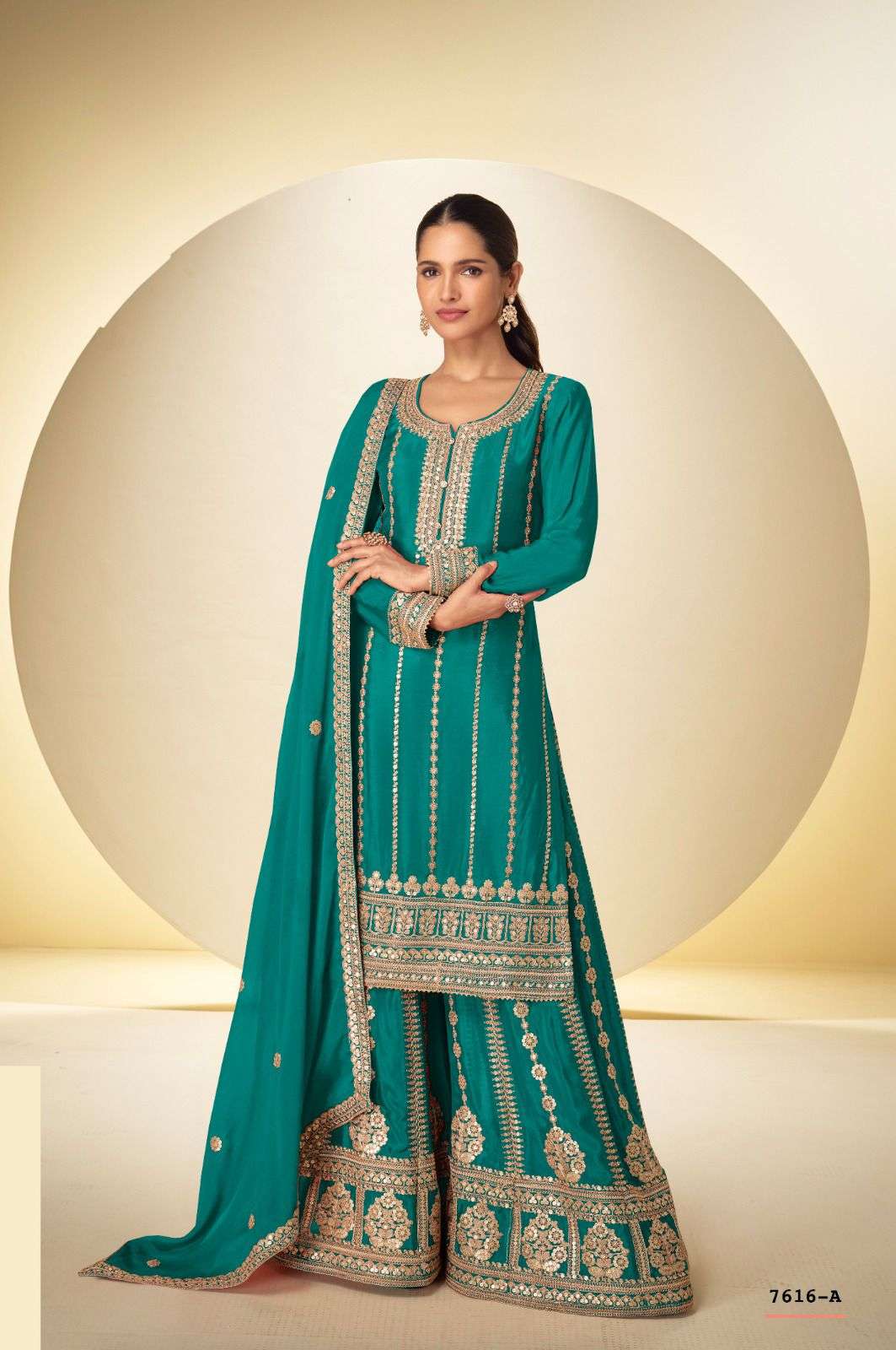 DESIGNER WEDDING PARTY WEAR REAL CHINON TEAL BLUE SHARARA PALLAZO SALWAR SUIT GL JINAYA 7616 A