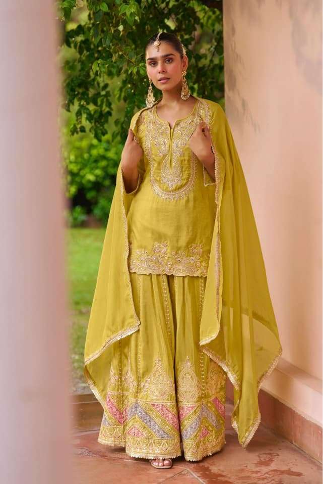 DESIGNER WEDDING PARTY WEAR REAL CHINON YELLOW SHARARA SALWAR SUIT SY AMULYA 7654