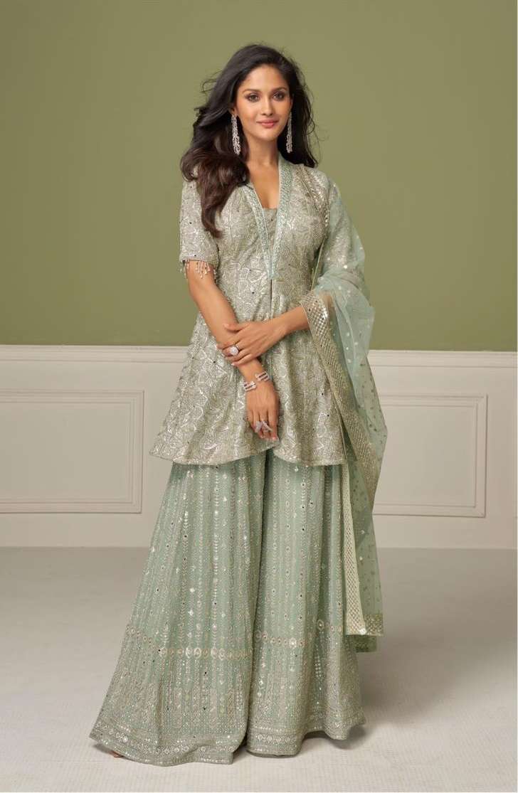 DESIGNER WEDDING PARTY WEAR REAL GEORGETTE GREEN SHARARA SALWAR SUIT GL AASHVI 7648 CC