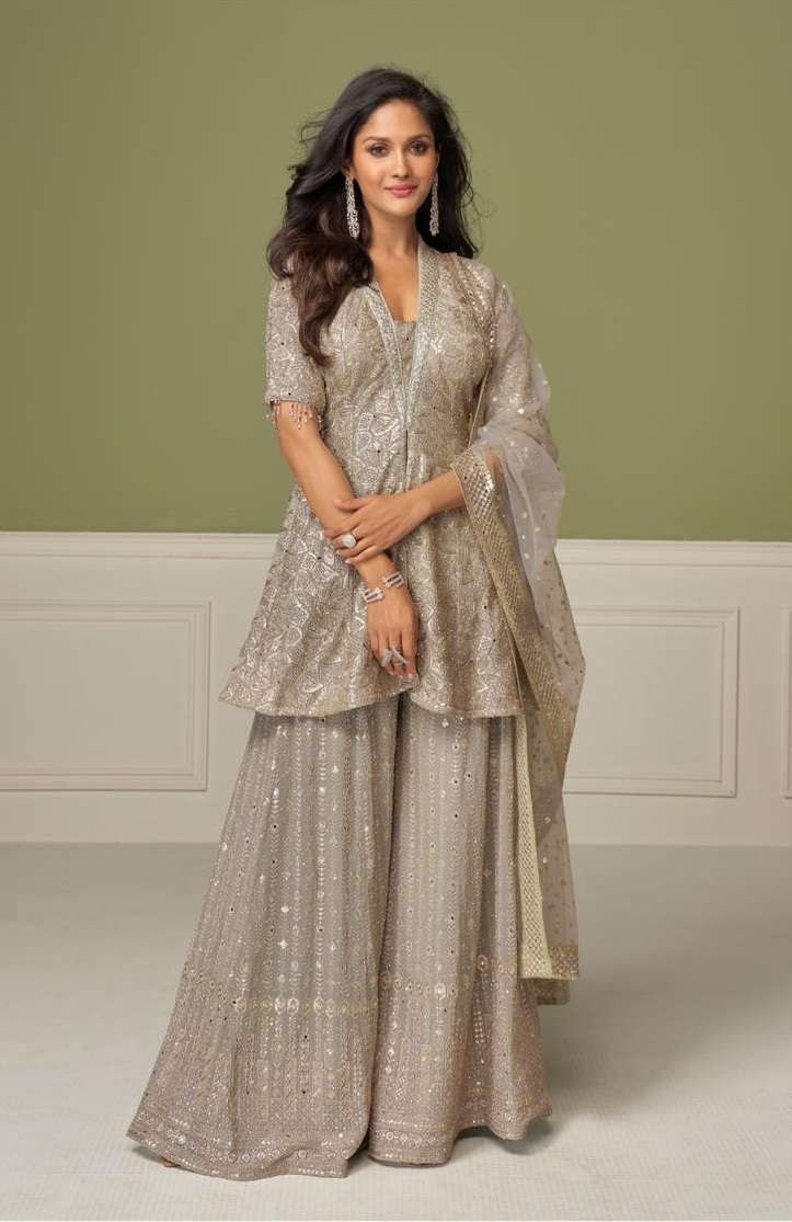 DESIGNER WEDDING PARTY WEAR REAL GEORGETTE GREYSHARARA SALWAR SUIT GL AASHVI 7648 BB