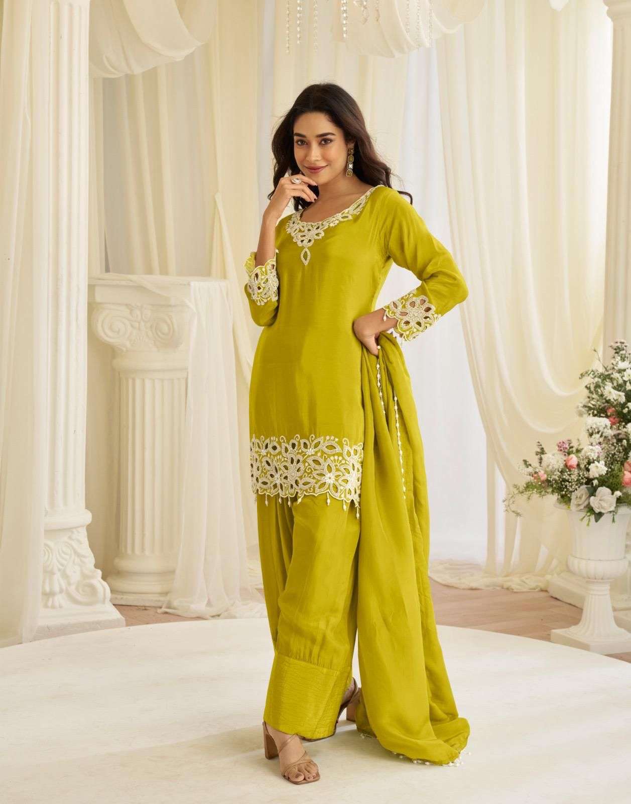DESIGNER WEDDING PARTY WEAR REAL GEORGETTE LEMON YELLOW STRAIGHT SALWAR SUIT WITH BEADS WORK SY JINAYA 10167