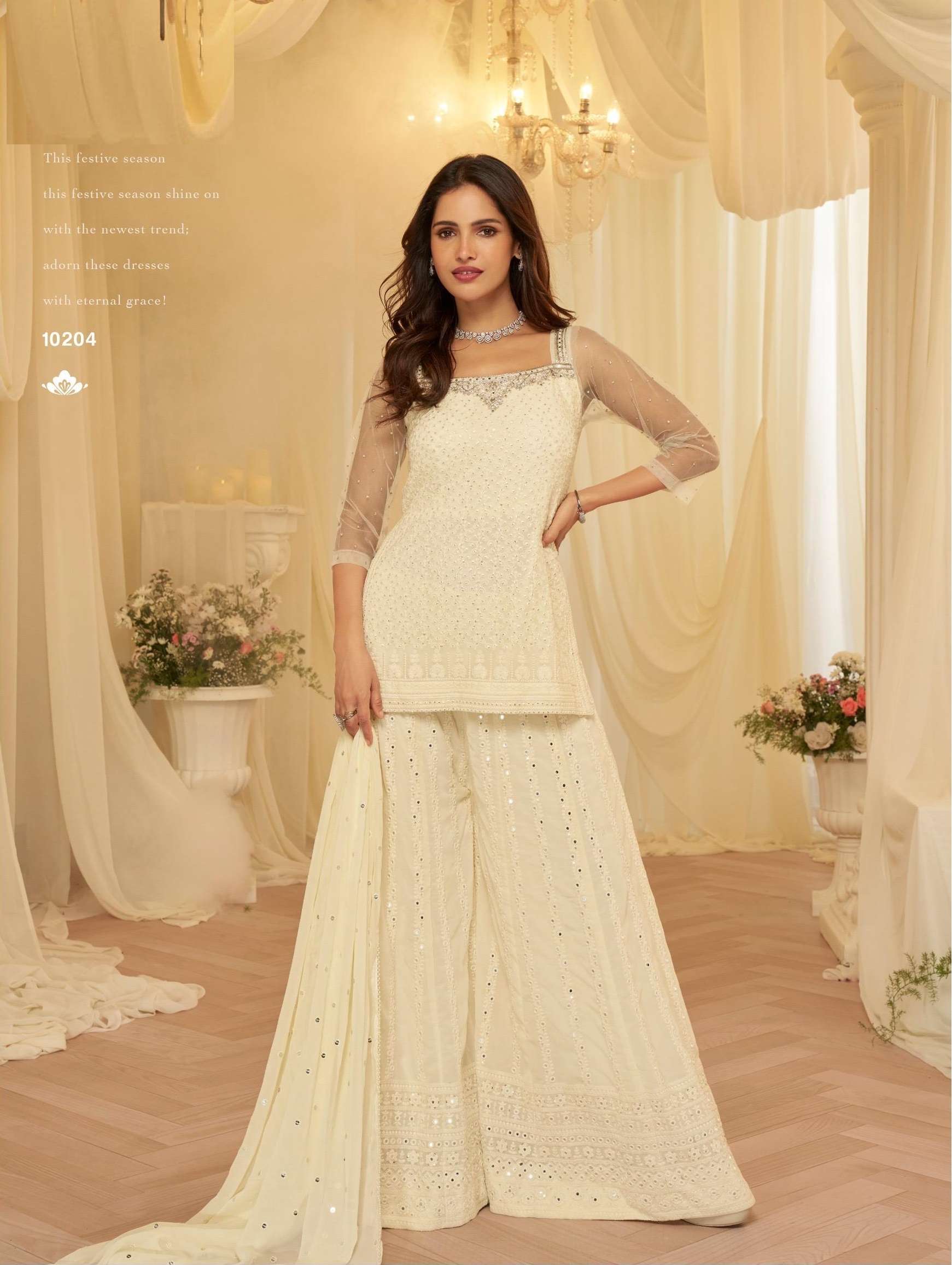 DESIGNER WEDDING PARTY WEAR REAL GEORGETTE OFF WHITE CHIKAN WORK SHARARA SALWAR SUIT SY ASMITA 10204
