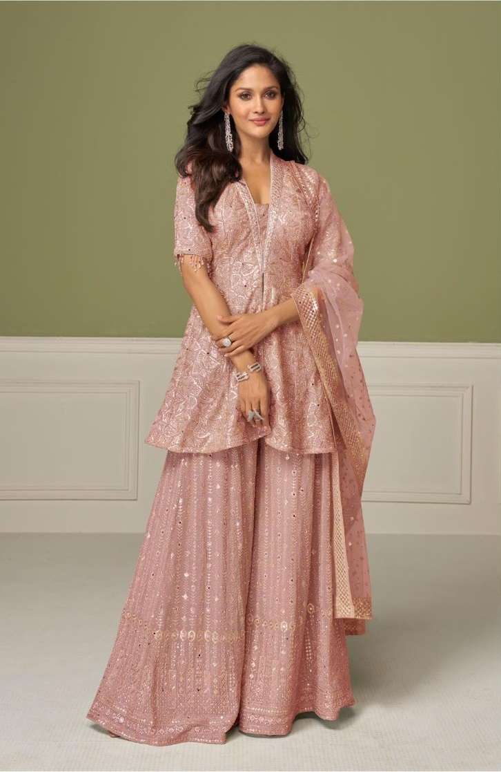 DESIGNER WEDDING PARTY WEAR REAL GEORGETTE PEACH SHARARA SALWAR SUIT GL AASHVI 7648 AA