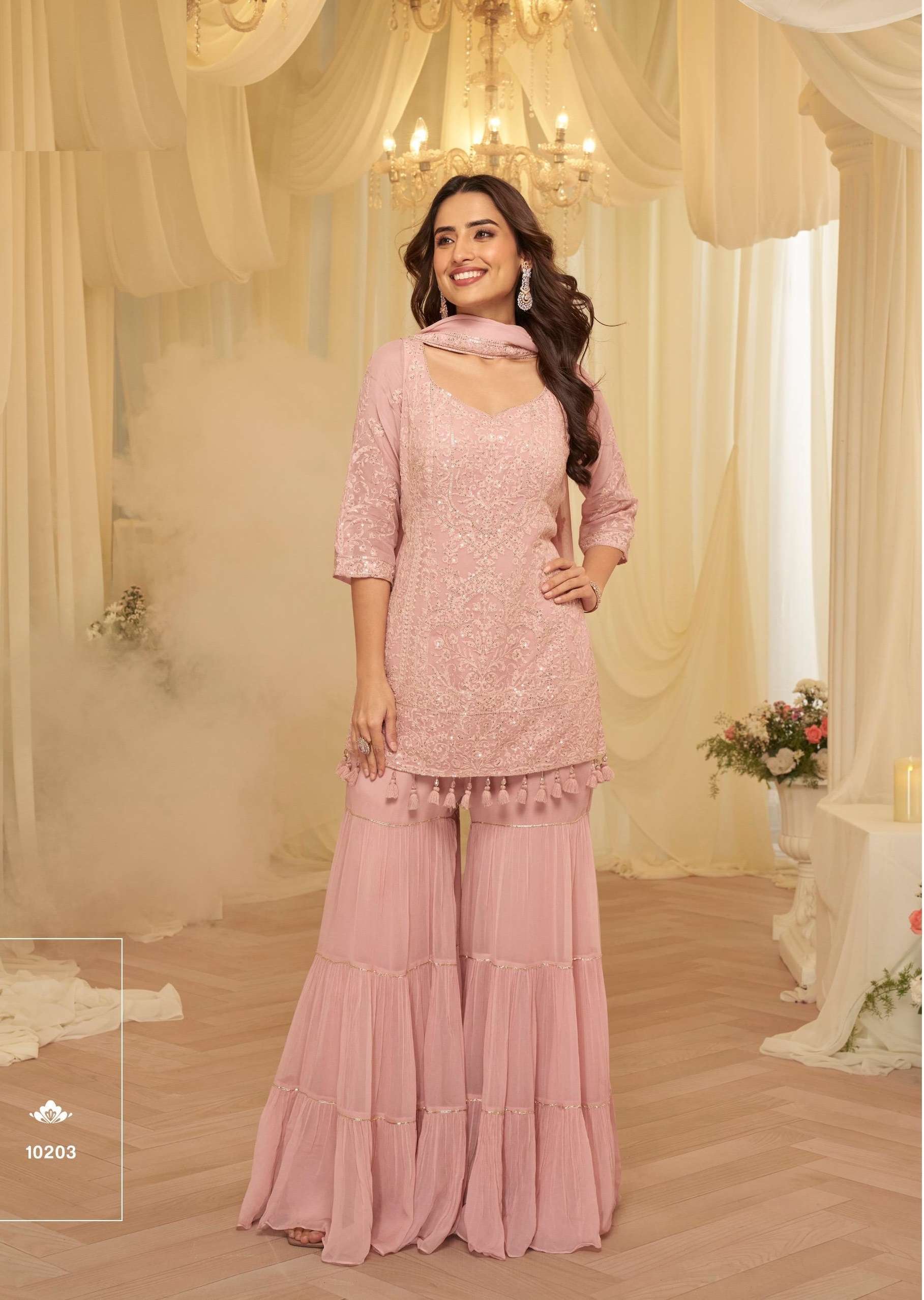 DESIGNER WEDDING PARTY WEAR REAL GEORGETTE PINK CHIKAN WORK SHARARA SALWAR SUIT SY ASMITA 10203